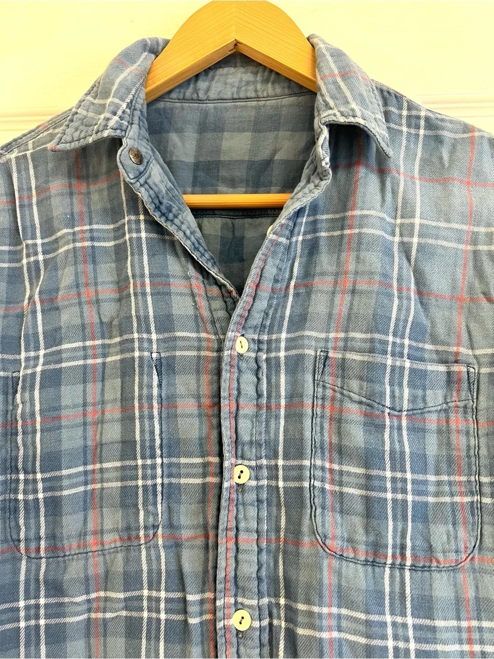 Faherty men S reversible long-sleeve cotton work shirt blue plaid retro vintage